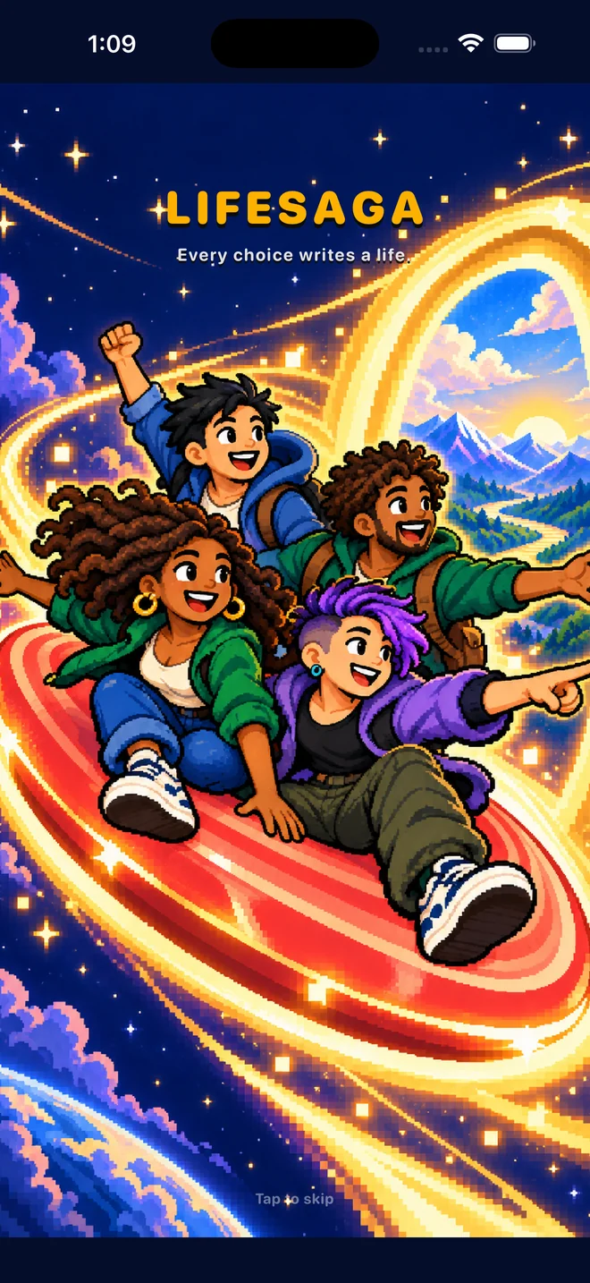 The LifeSaga opening: four friends riding a glowing orbit