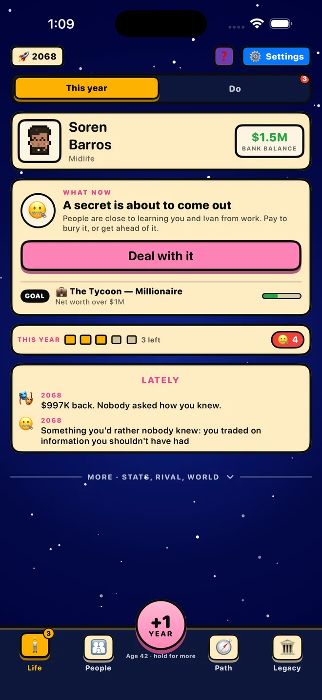The Life screen of a 42-year-old character
