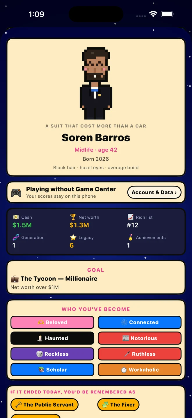 A pixel-art character profile showing traits and a goal