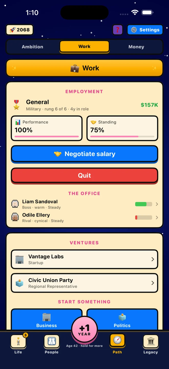 The Work screen showing a job, performance and ventures