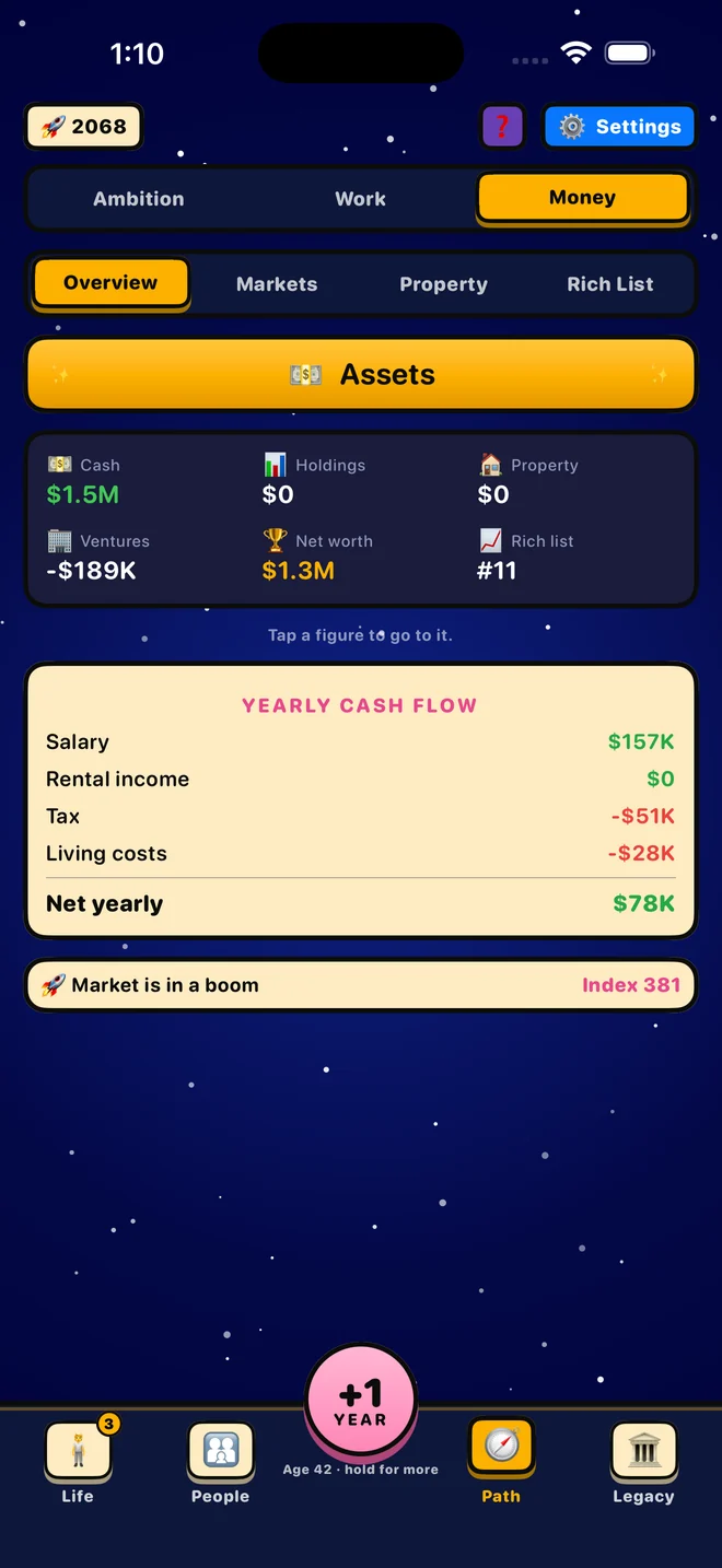 The Money screen with assets, net worth and yearly cash flow