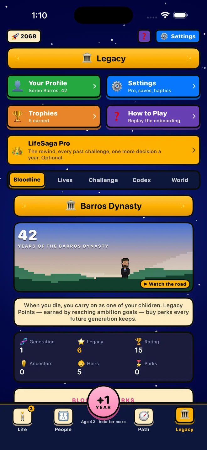 The Legacy screen with dynasty stats and bloodline perks