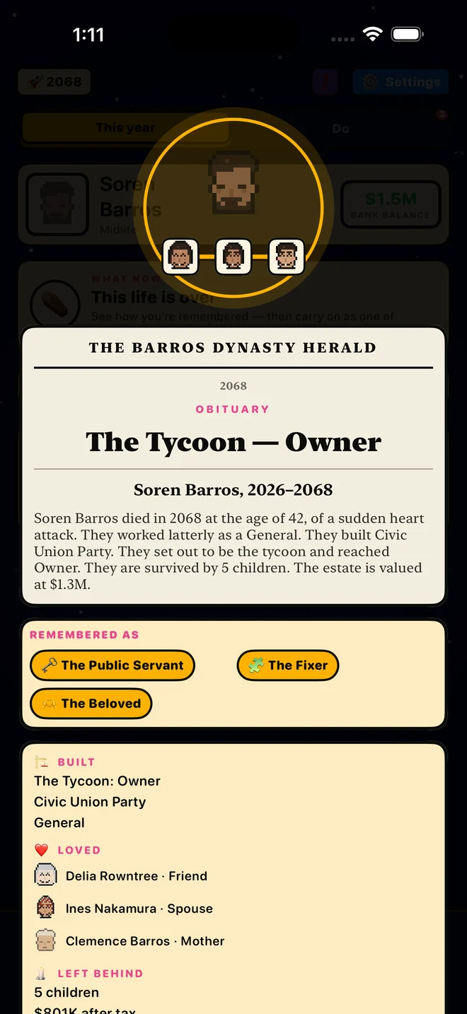 A newspaper-style obituary for a character named Soren Barros