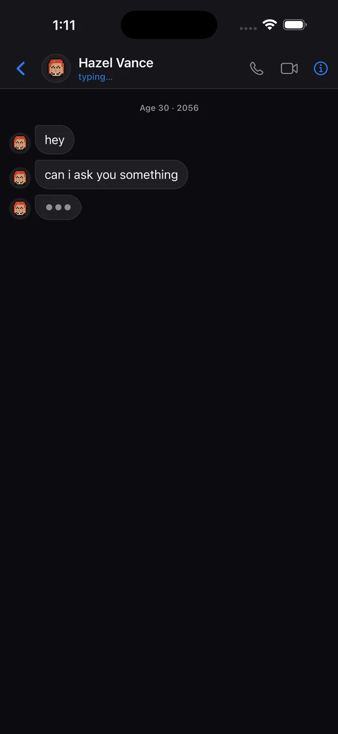 A chat with a character named Hazel who is typing