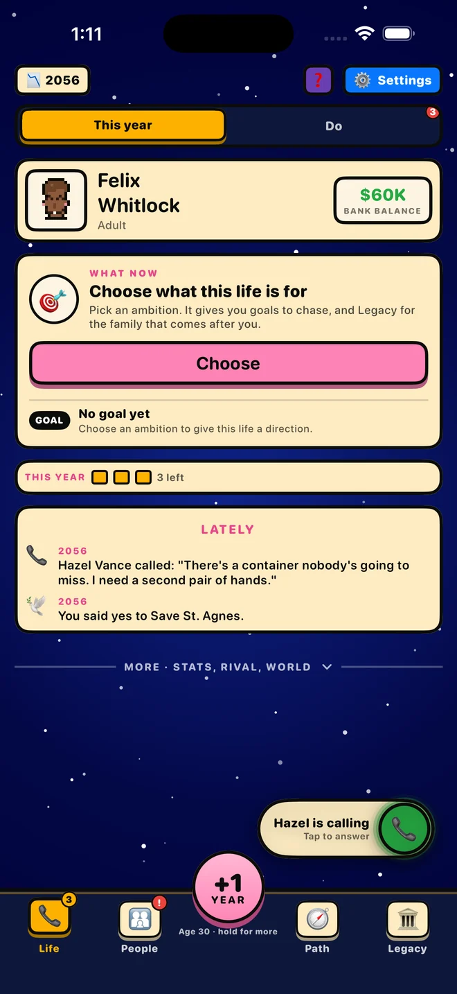 The Life screen with a call coming in from Hazel