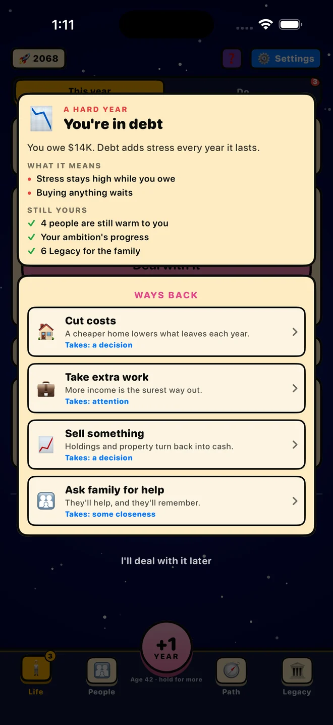 A Hard Year card explaining debt and listing ways back